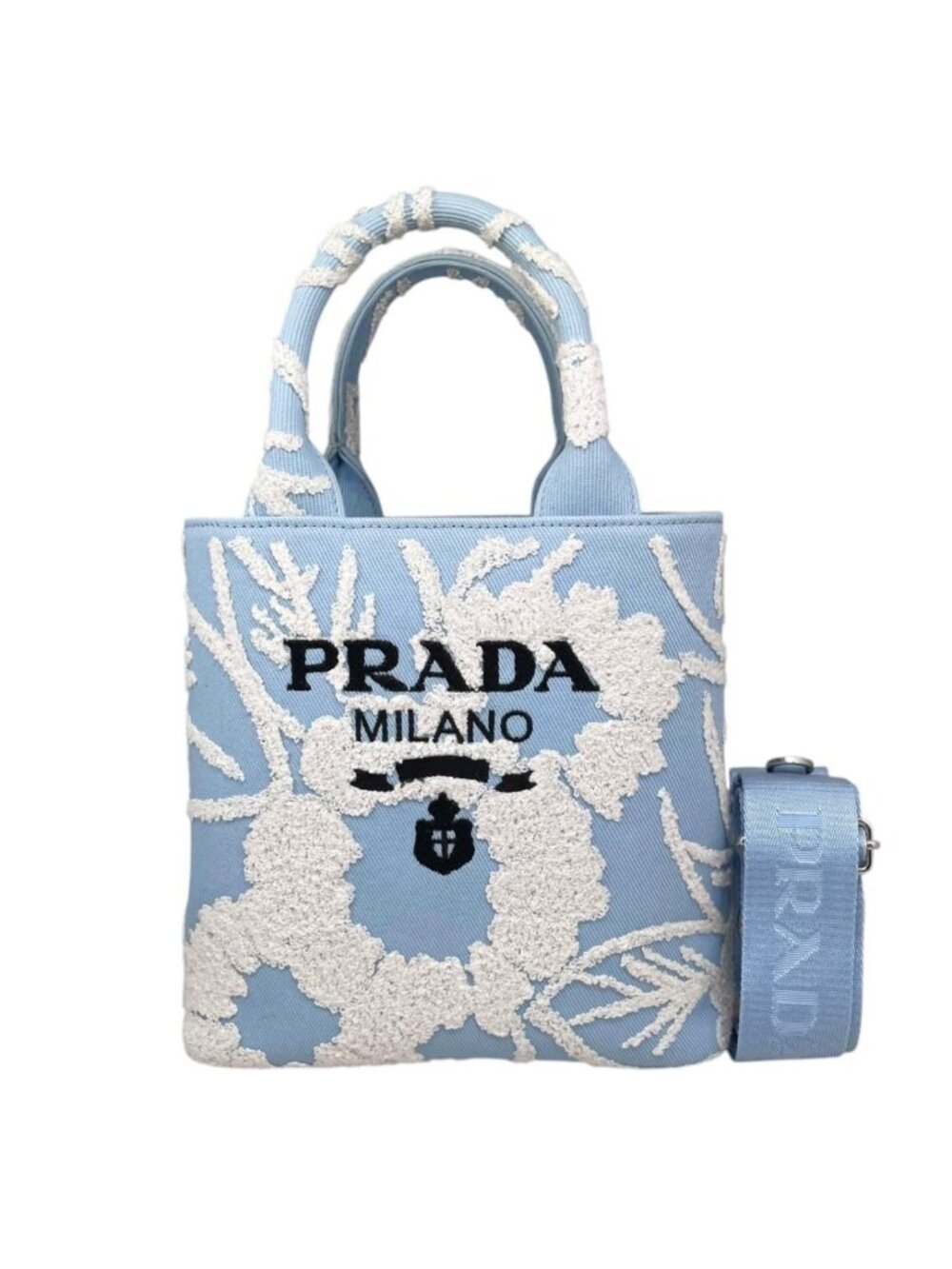 Prada Shoulder Bag Drill Canvas Jacquard Logo Embroidery Blue White Silver